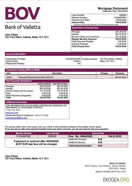 Modèle Word et PDF de relevé hypothécaire de la Banque de Malte de La Valette